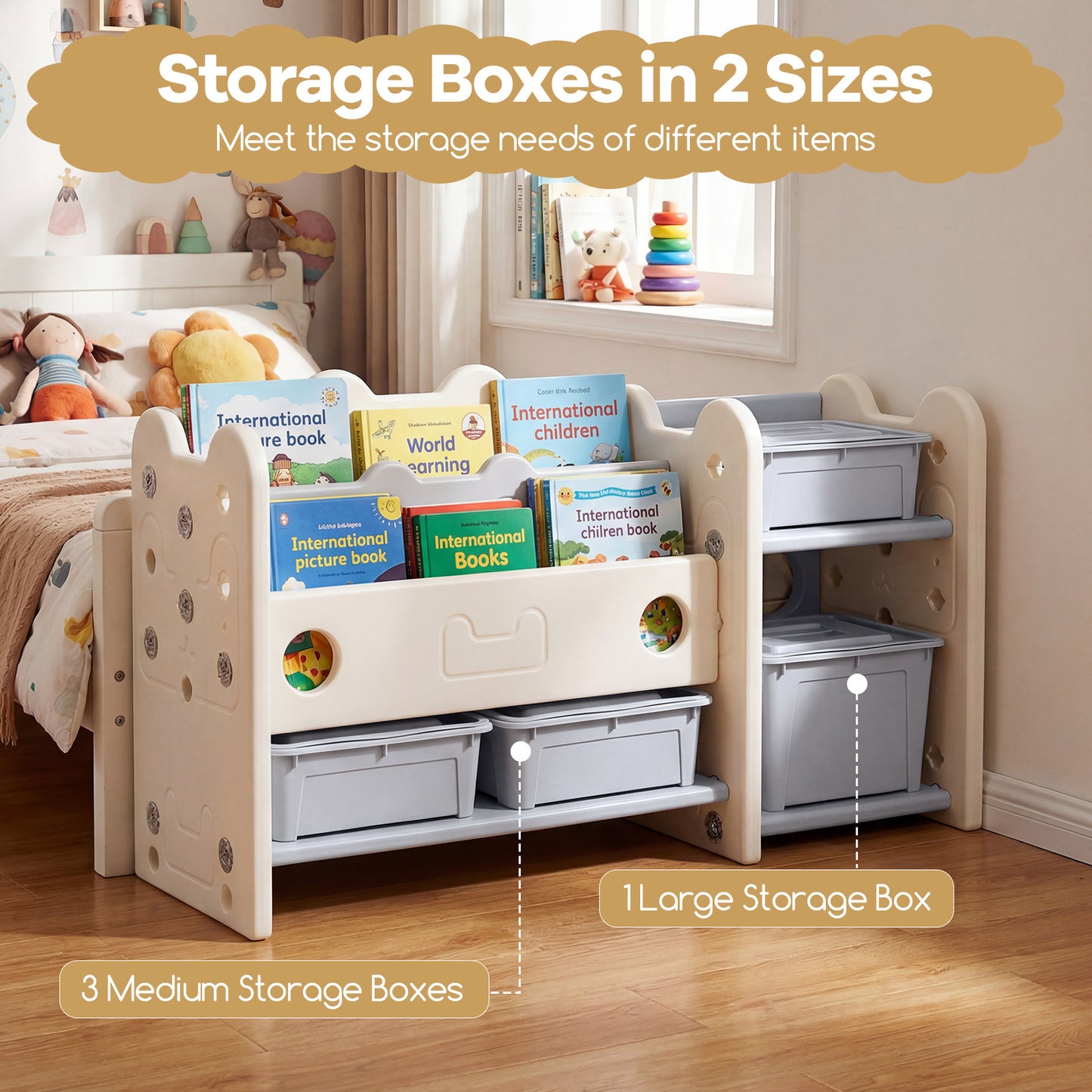 2-in-1 Kids Toy Storage Organizer with Bookshelf and 4 Storage Boxes-Grey