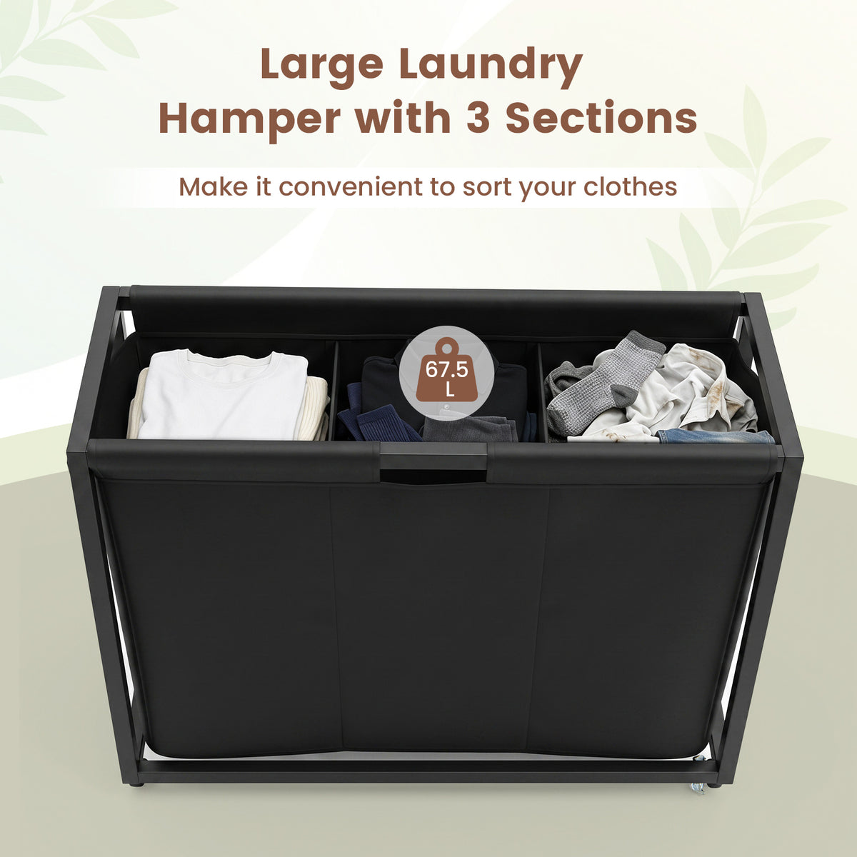 2-in-1 Laundry Basket Organizer with 3 Sections and Wheels for Bath-Black