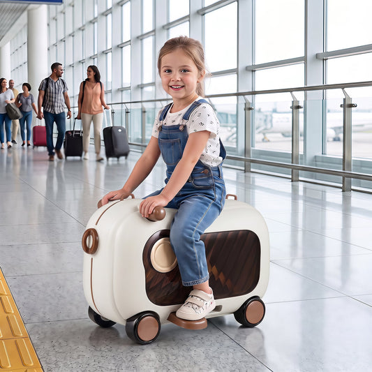 2-in-1 Ride-on Luggage for with Retractable Pedal and Strap for Ages 2+ Kids-Brown
