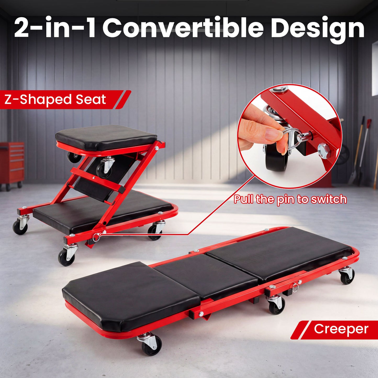 2-in-1 Rolling Folding Z Creeper Seat Roller Garage Chair with 6 Swivel Casters-Red
