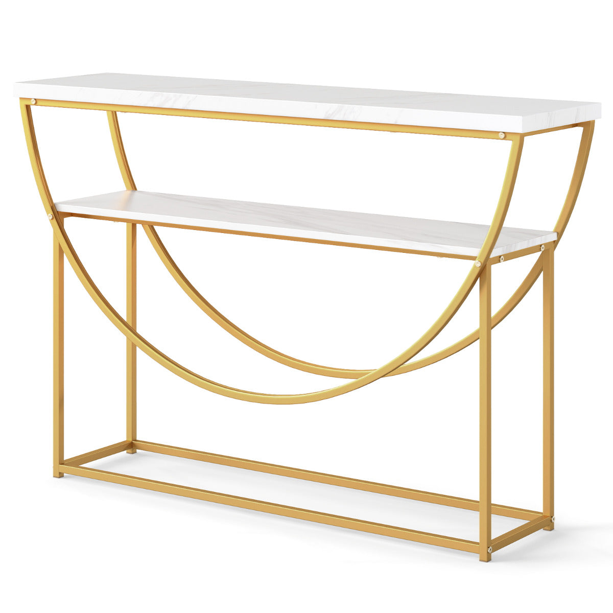 2-Tier Faux Marble Top Console Table with Storage Shelf-White & Golden