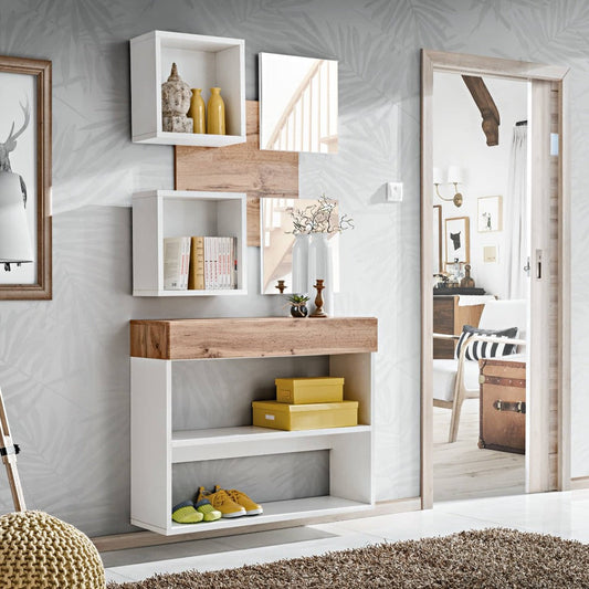 Modern interior design with shelves, a mirror, and decorative items in a room.