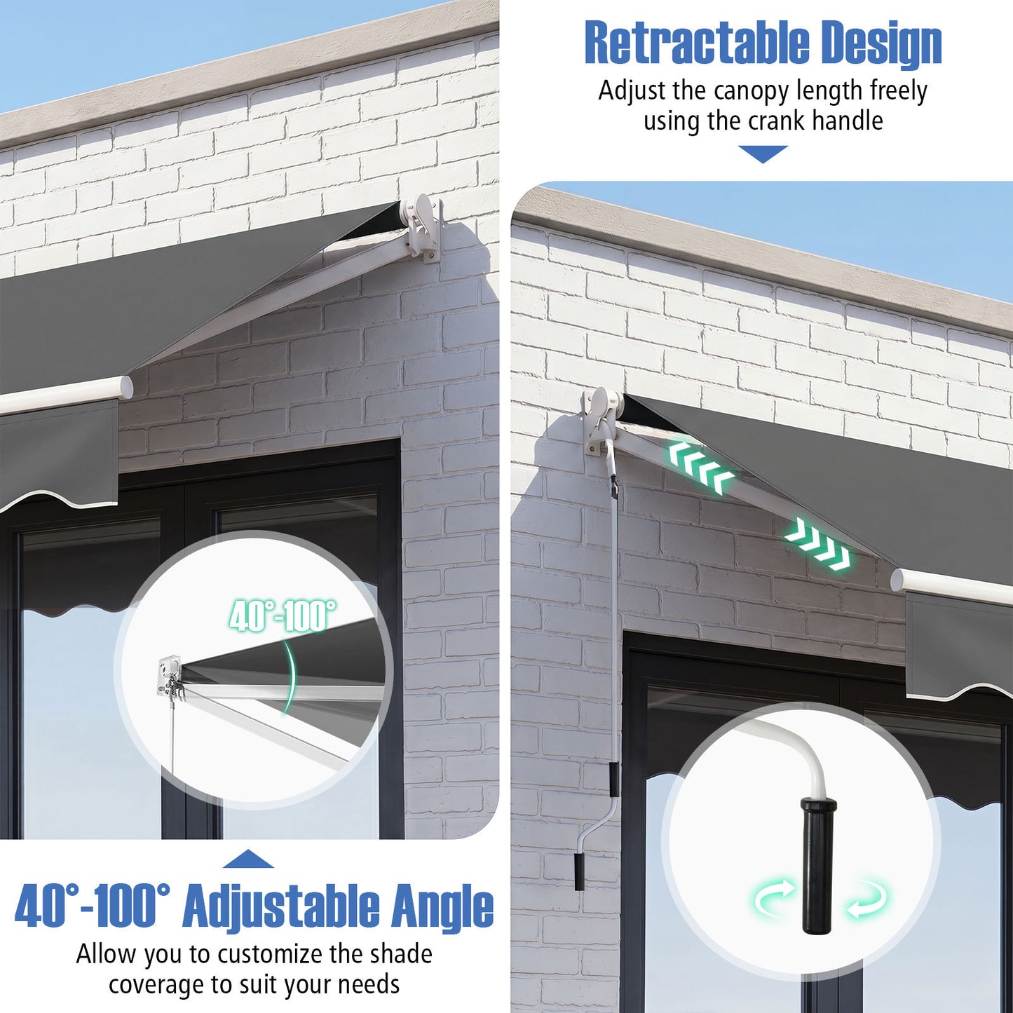 200 x 245cm Manual Retractable Awning with Adjustable Angle-Grey