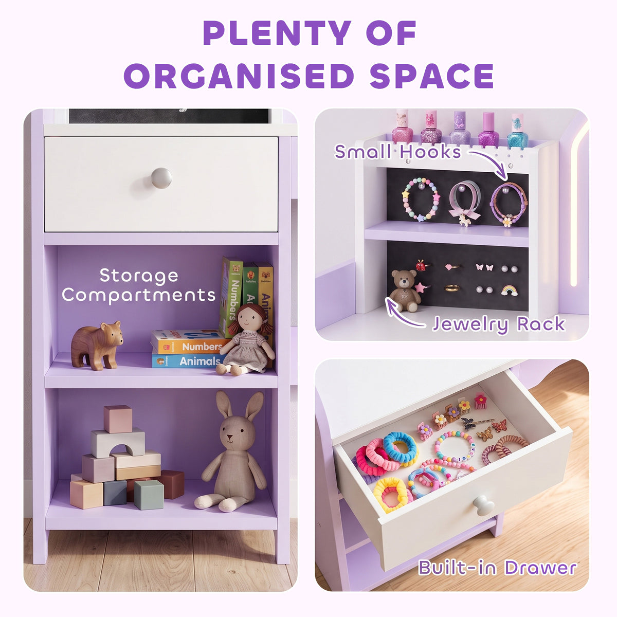 AIYAPLAY Kids Vanity Set, Kids Dressing Table with Stool, 2-Colour Lights Mirror, Pretend Dresser Gift for Ages 3-8, Purple