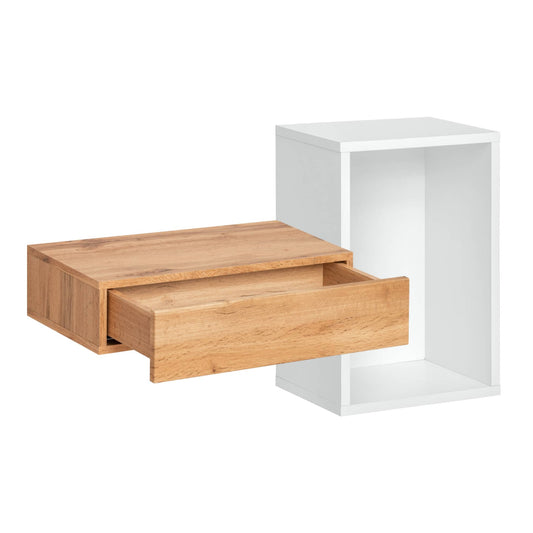 Wooden storage box with a drawer next to a white cube on a white background
