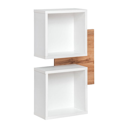 White cube shelves with wooden accents on a white background
