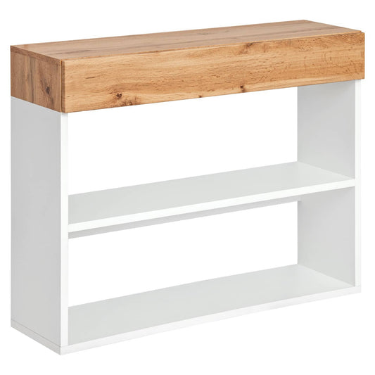 Console table with wooden top and white base on a white background