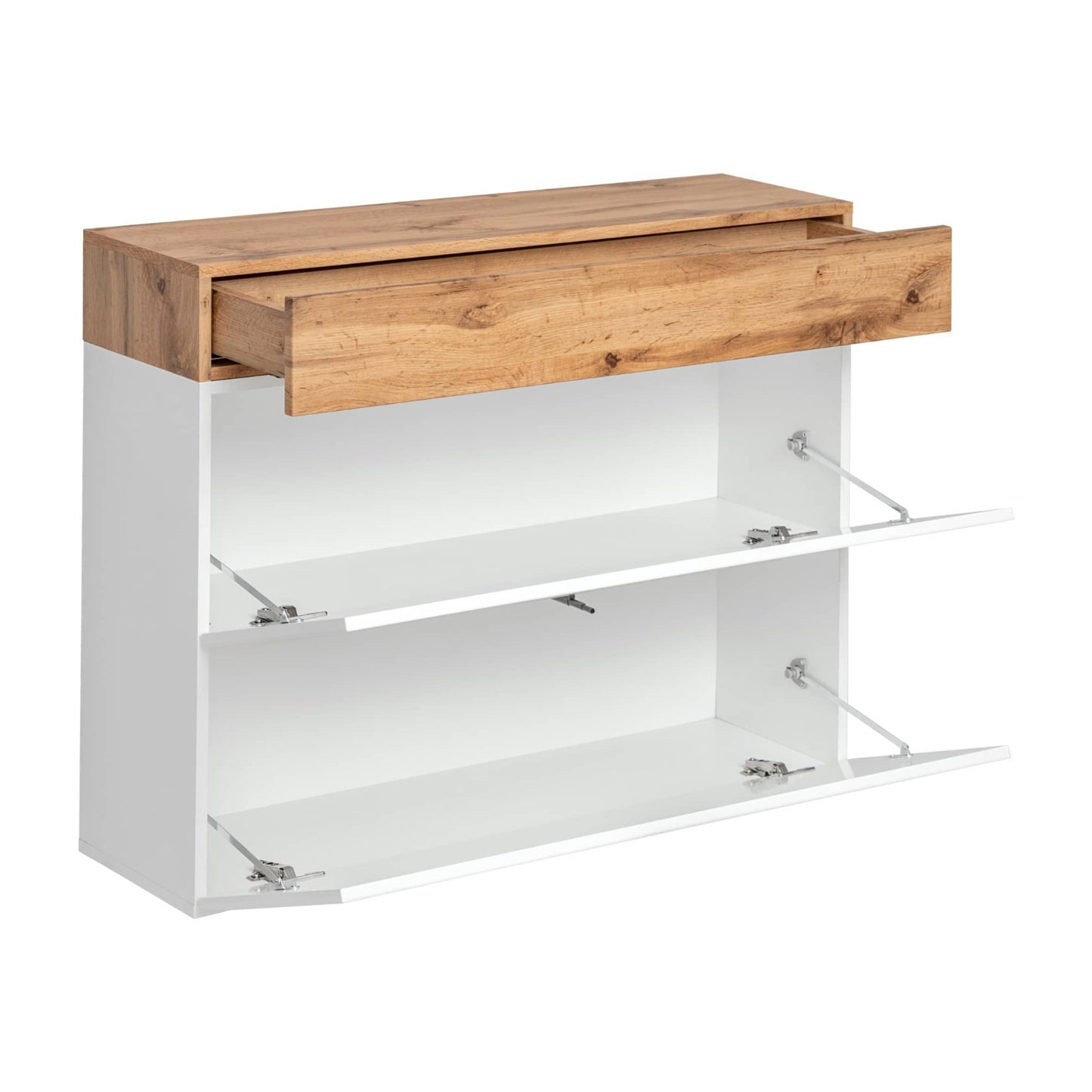 Wooden console table with a drawer on a white background