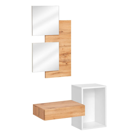 Wooden shelf with two square mirrors and a white cube on a white background