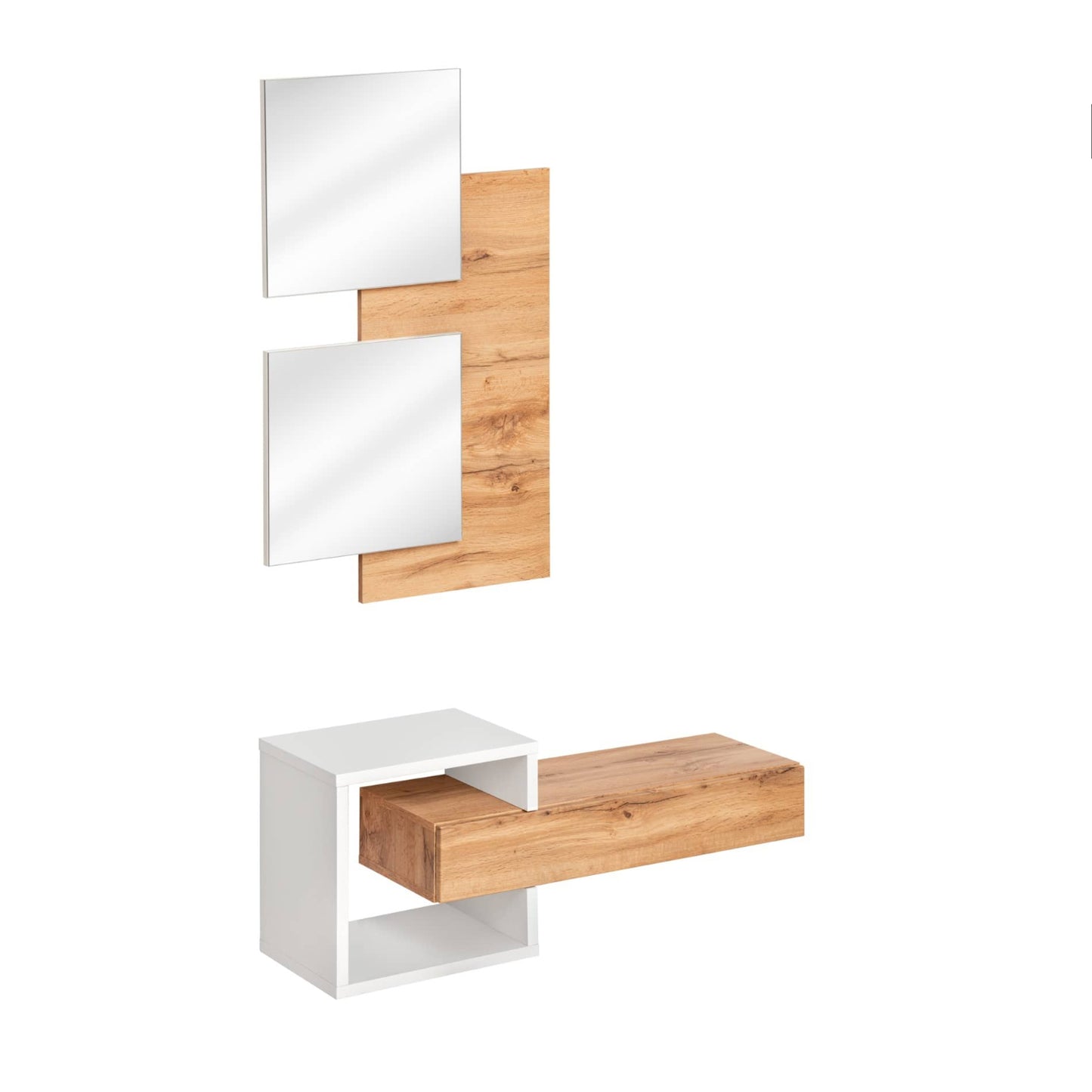 Modern wall-mounted shelf with wooden accents and mirrors on a white background