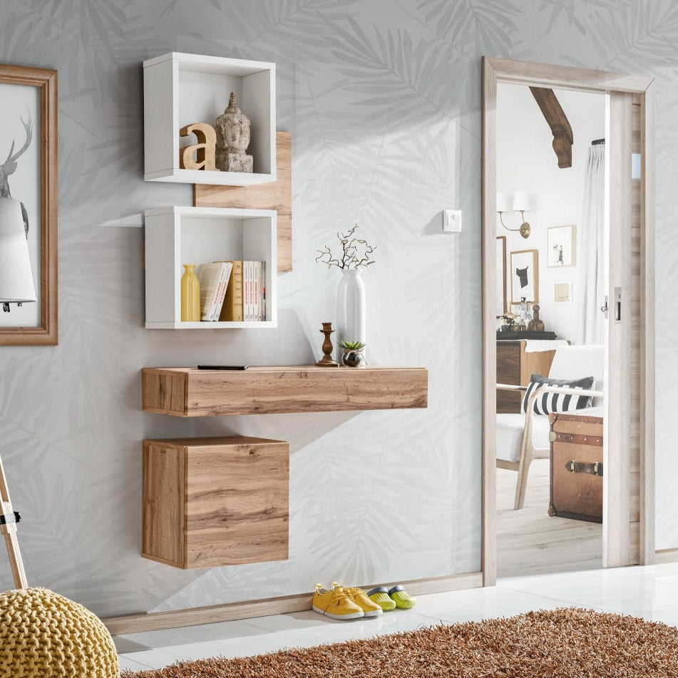 Modern wall-mounted wooden shelves and console table in a room with decorative elements.