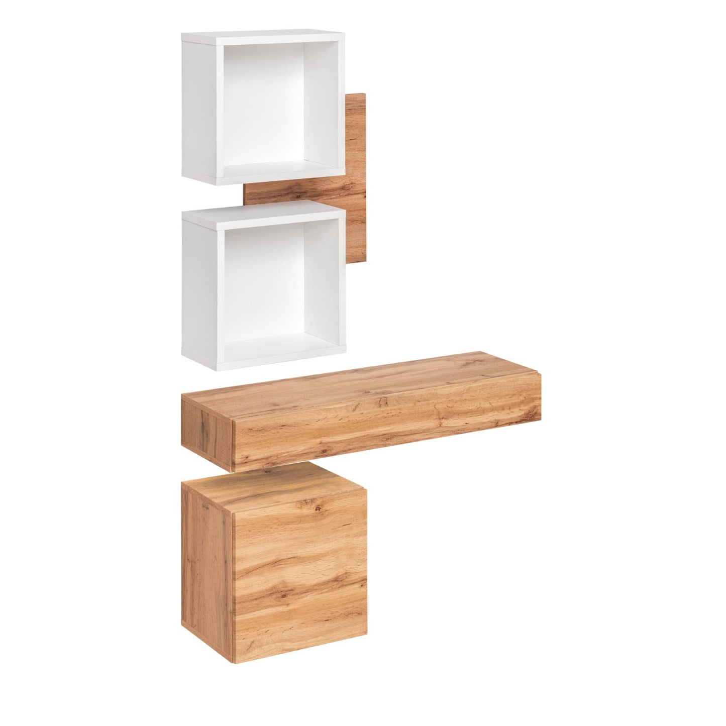 Set of wooden shelves in white and natural wood on a white background