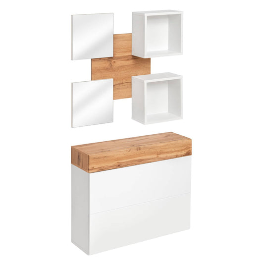 Set of wall-mounted shelves with wooden accents on a white background