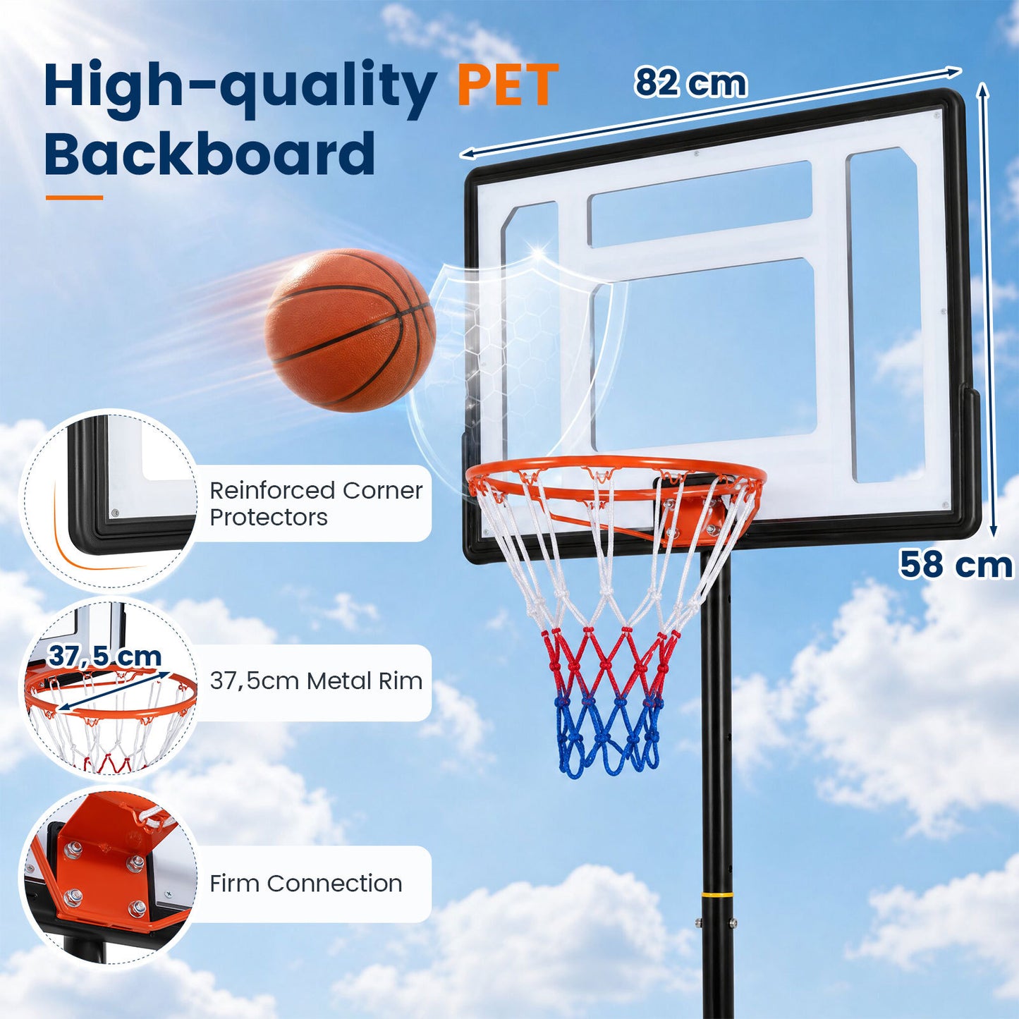 215-260 cm Height Adjustable Basketball Hoop with Clear PET Backboard for Teens Youth