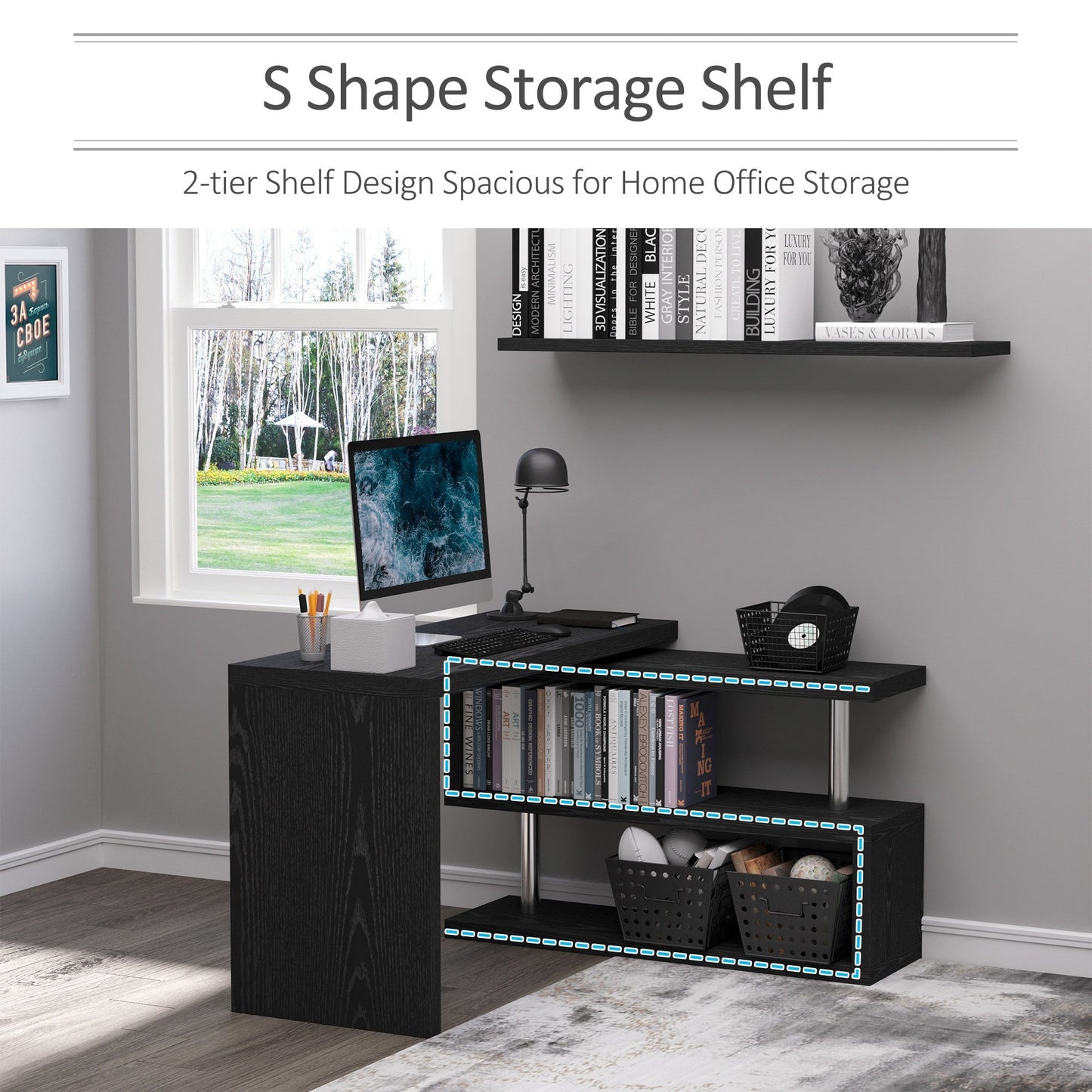 HOMCOM L Shaped Desk with 360 degrees Rotating Storage Shelves, Corner Computer Desk, Space Saving Study Table for Home Office, Black
