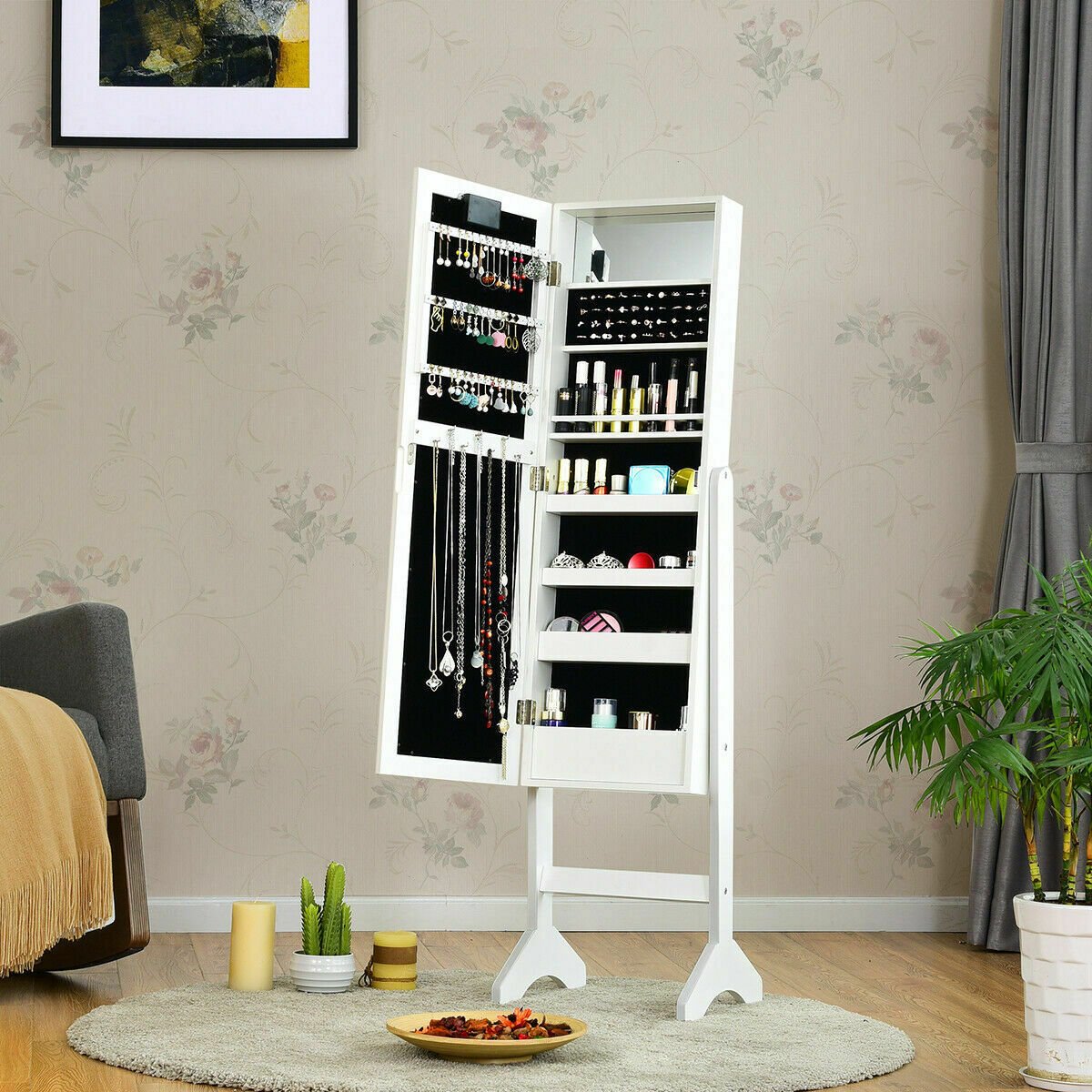 Standing Jewellery Organiser Cabinet with Adjustable Mirror 18 LEDs-White