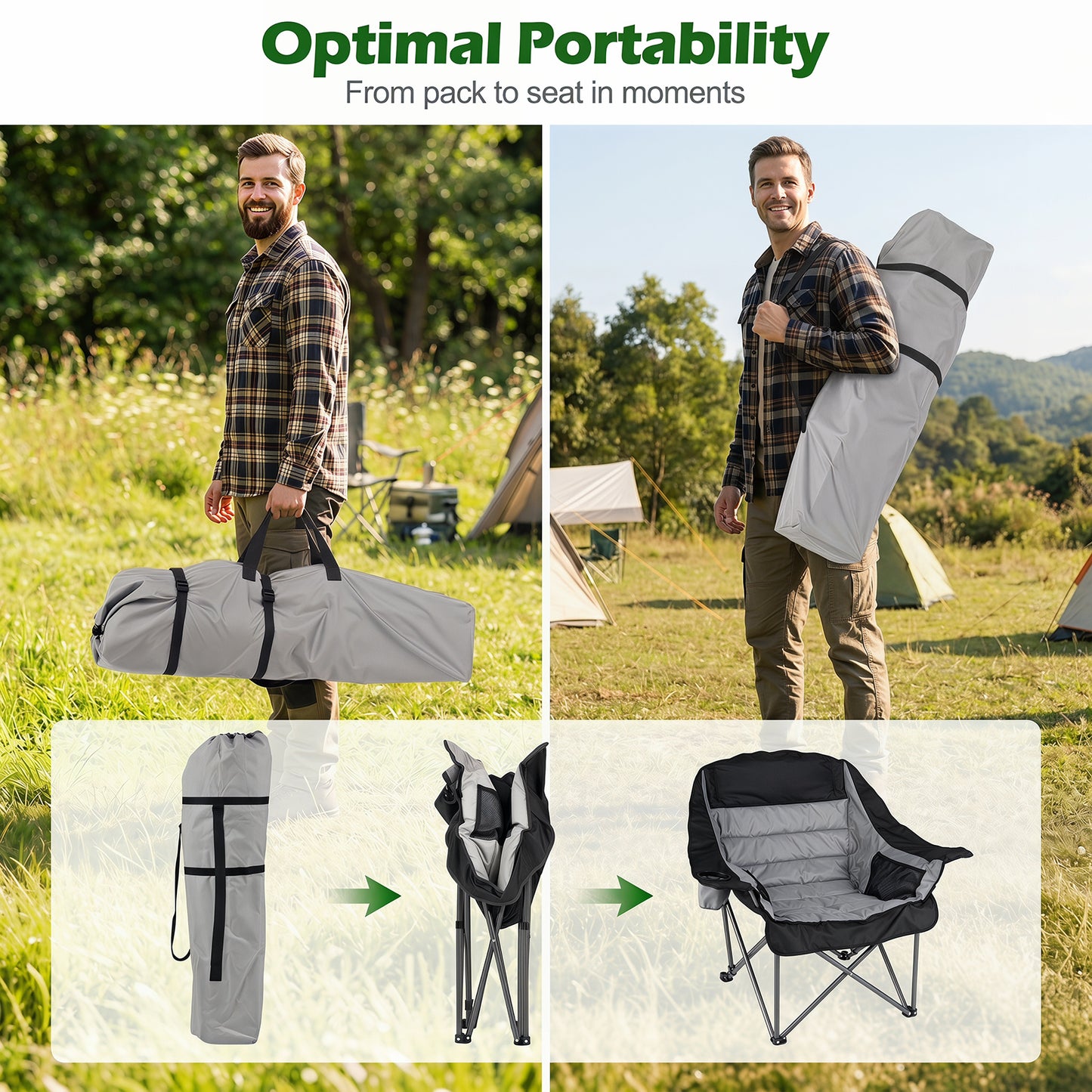 225 KG Heavy-Duty Metal Folding Upholstered Oxford Chair with Side Pockets and Cup Holder-Grey