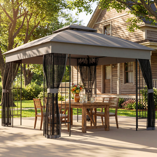 Outsunny 3 x 3 m Outdoor Garden Gazebo with Post Shelves, UPF50+ Double Roof Patio Permanent Pavilion, Grey