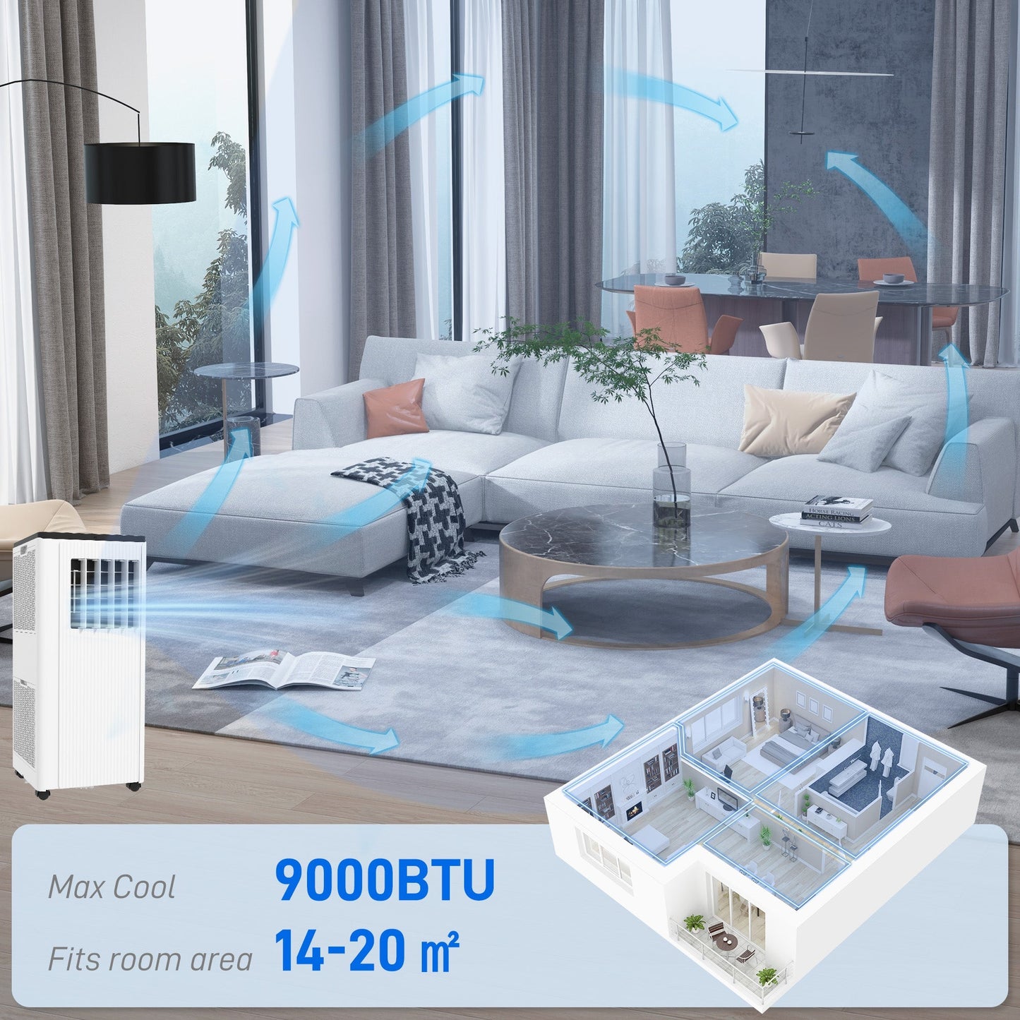 HOMCOM 9,000 BTU App-Controlled Mobile Air Conditioner, 20m2 Radius - White