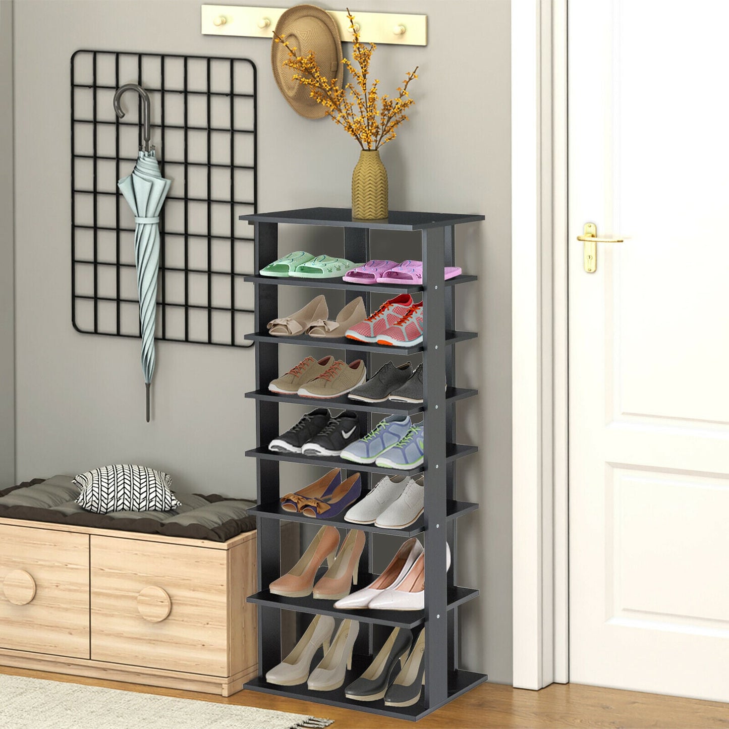 Extra Wide Wooden Vertical Shoe Rack with 7 Shelves-Black
