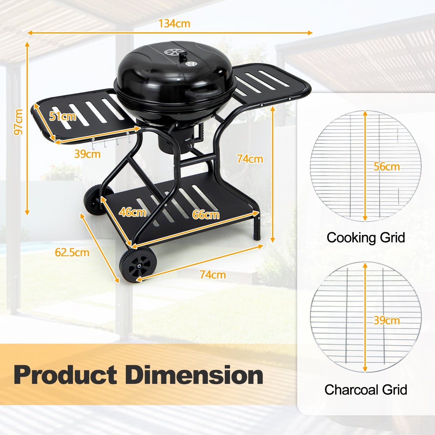 Outdoor Barbecue Charcoal Grill with High-capacity Ash Catcher-Black
