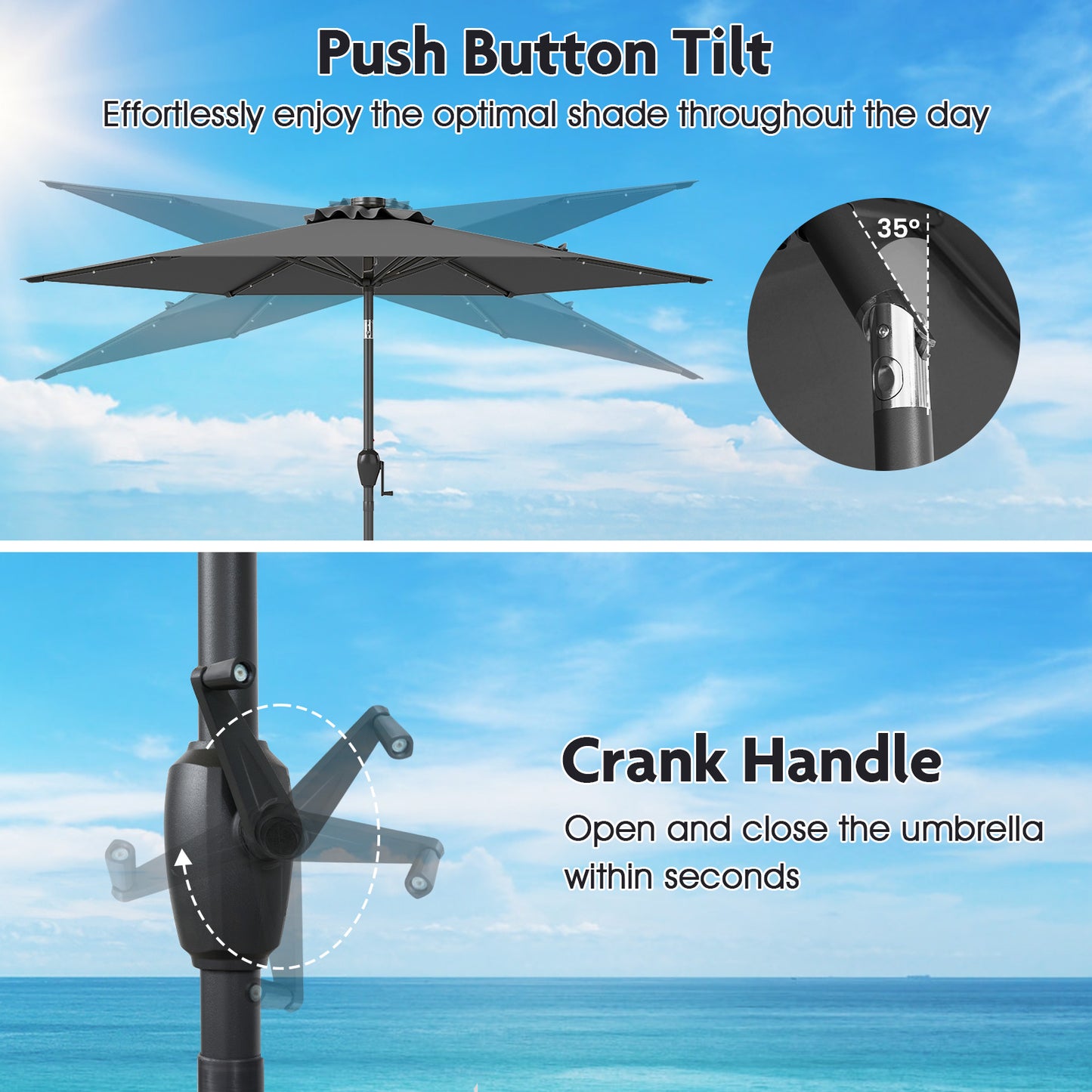 230 cm Solar Powered Patio Umbrella with LED Lights Push Button Tilt and Crank Handle-Grey