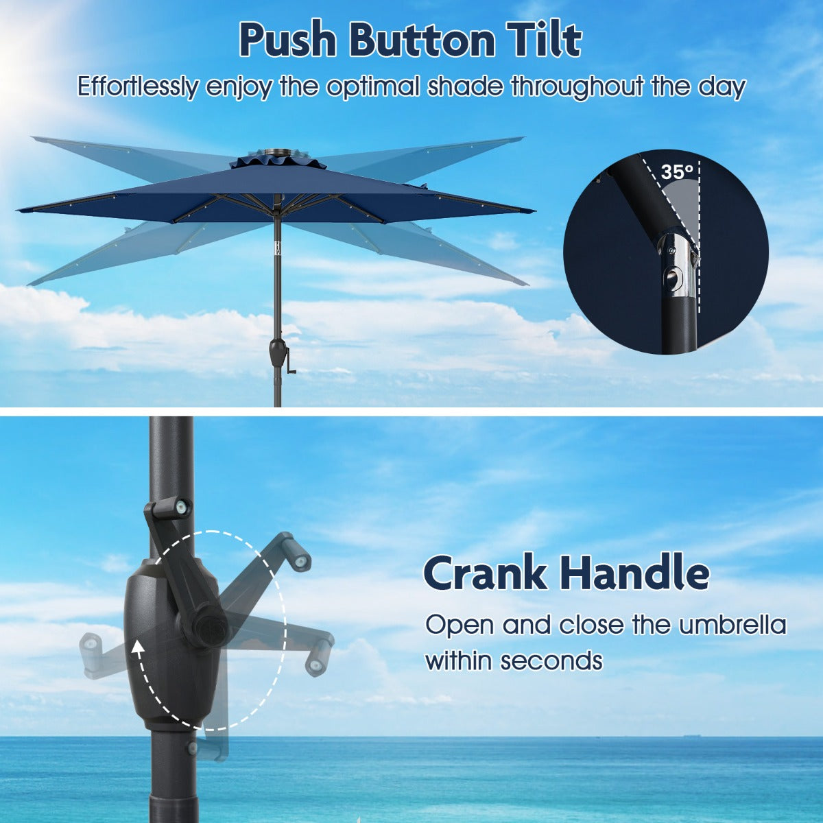 230 cm Solar Powered Patio Umbrella with LED Lights Push Button Tilt and Crank Handle-Navy