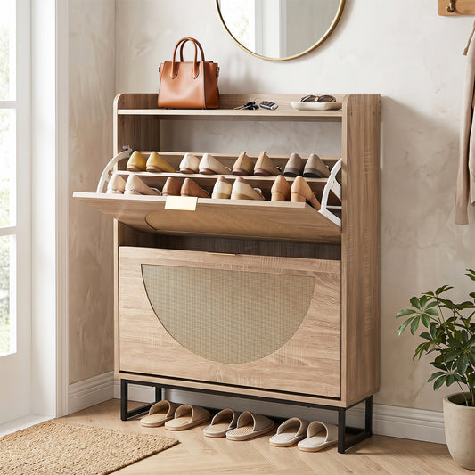 24 CM Narrow Shoe Storage Cabinet with 2 Flip Drawers-Natrual