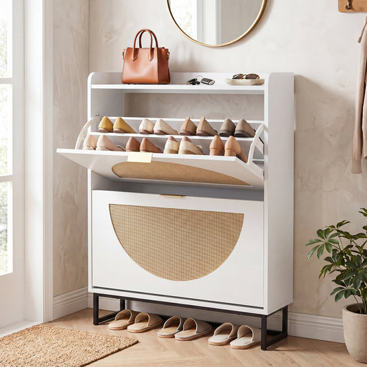 24 CM Narrow Shoe Storage Cabinet with 2 Flip Drawers-White
