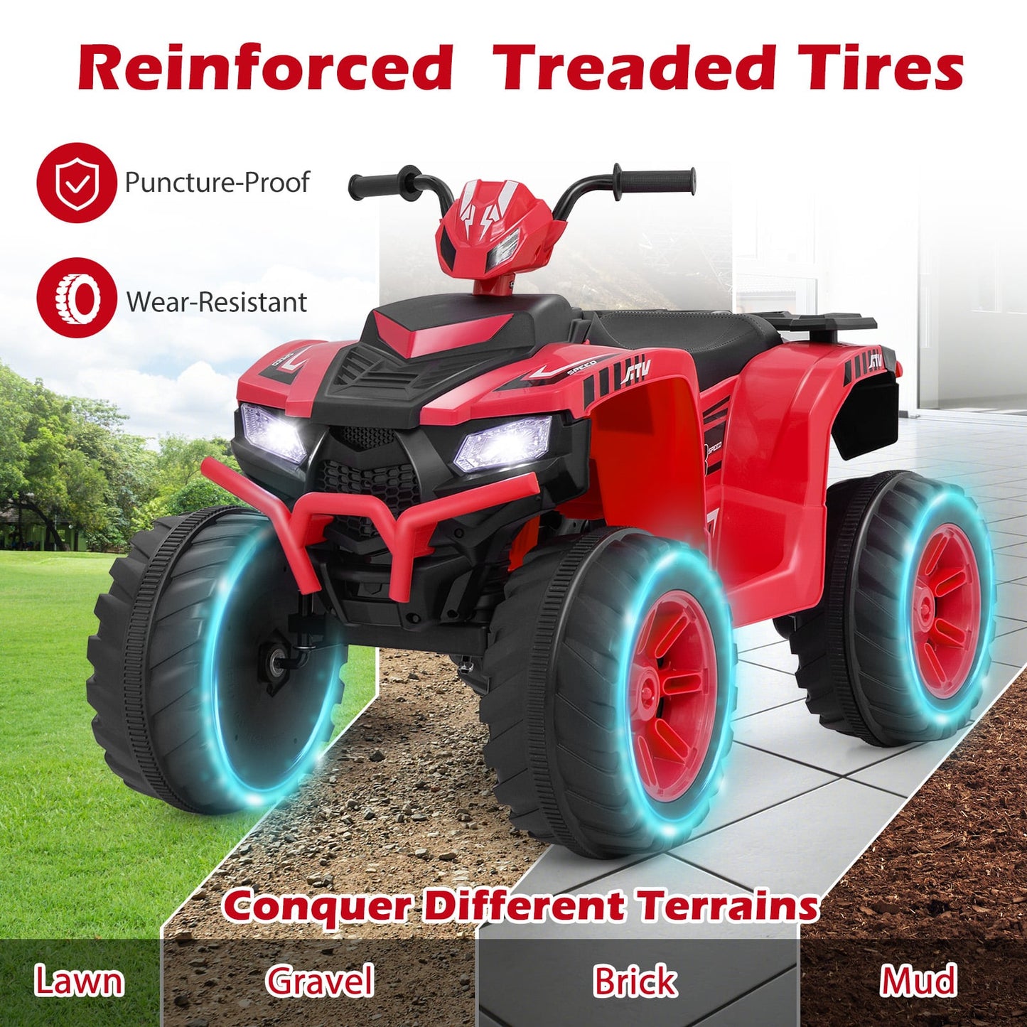 24V Ride-On ATV Toy Car with LED Lights and Wireless Connection-Red