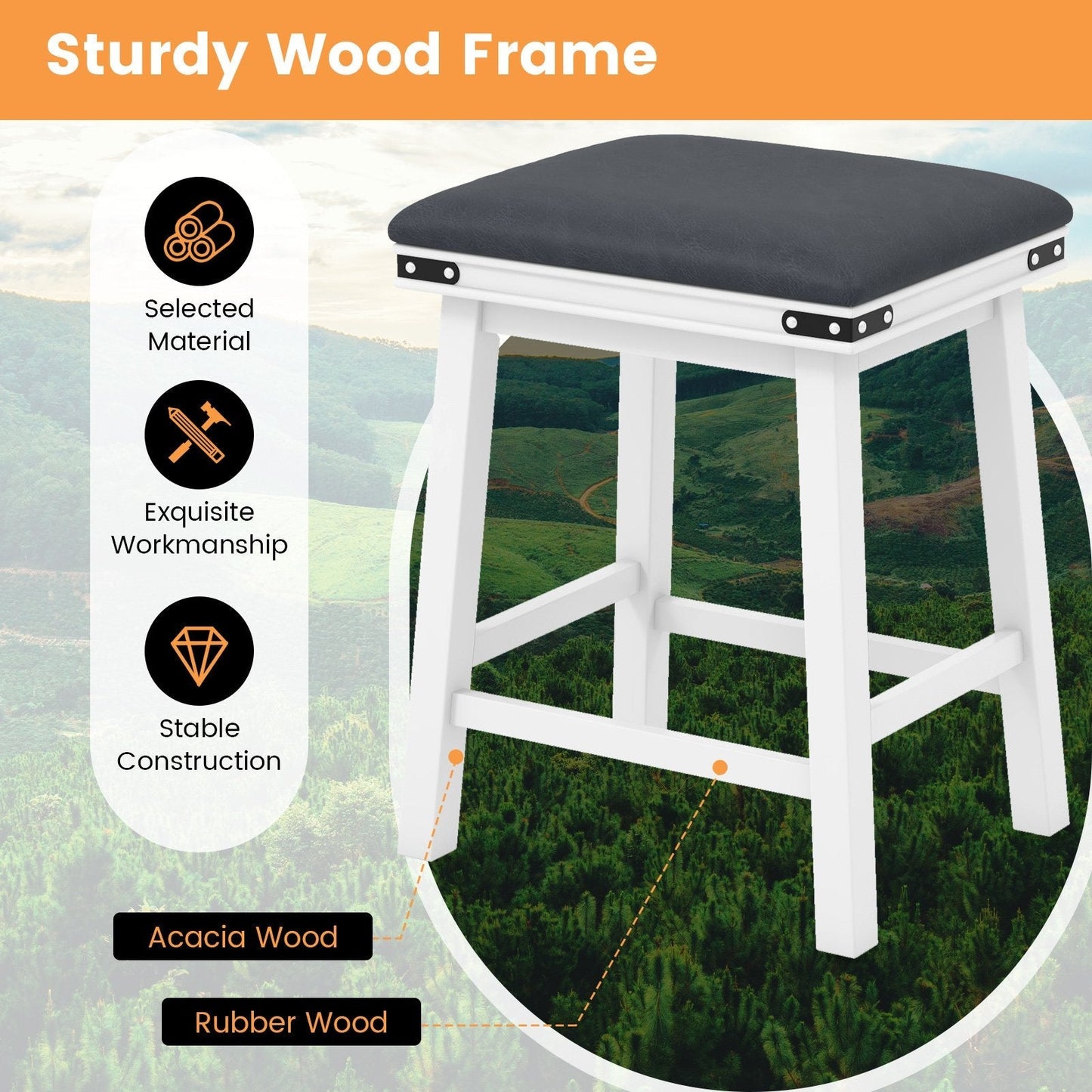 Upholstered Backless Bar Stools Set of 2 with PU Leather Padded Seat-White