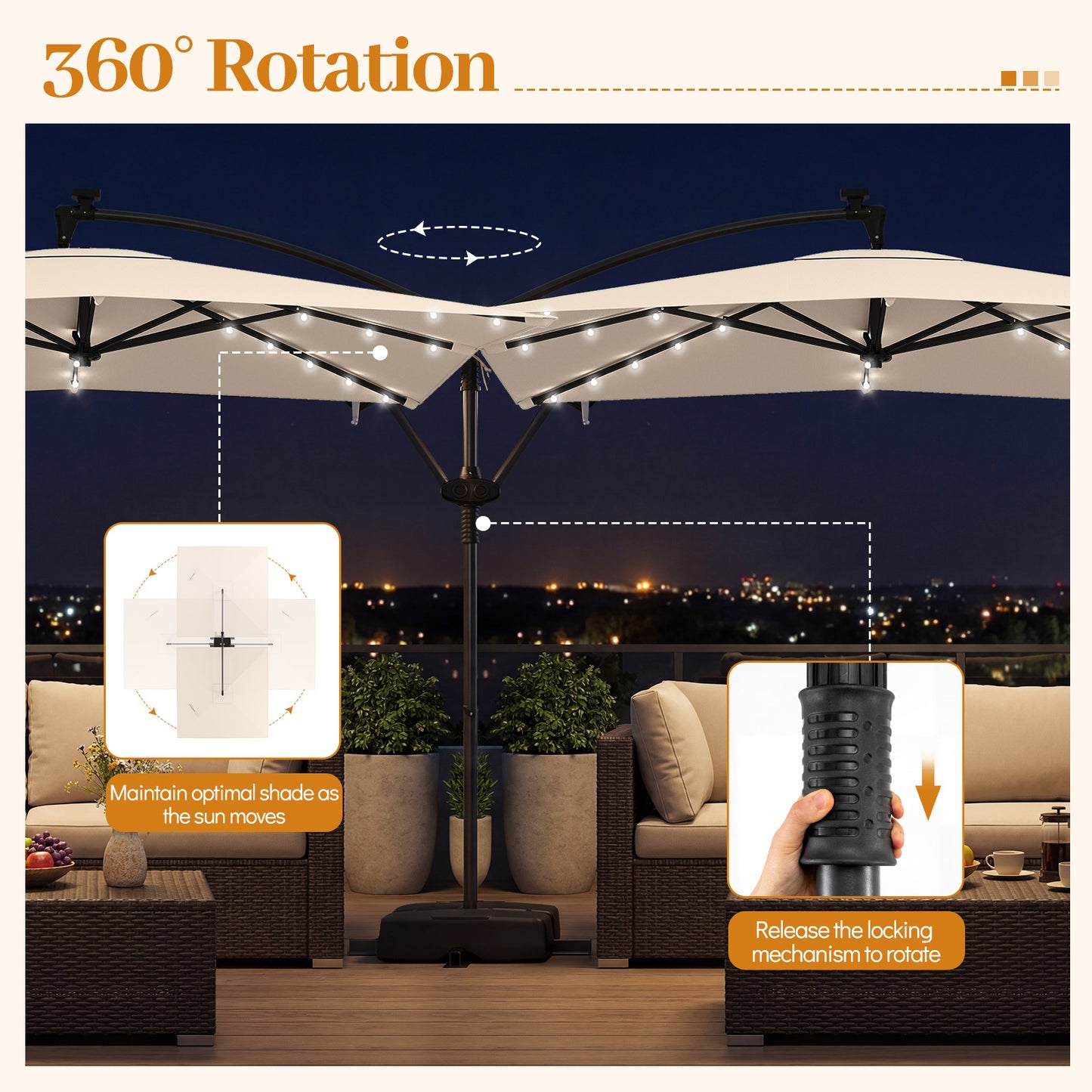 250 x 250 cm Solar LED Offset Cantilever Patio Umbrella Square Hanging Outdoor Market Umbrella-Beige