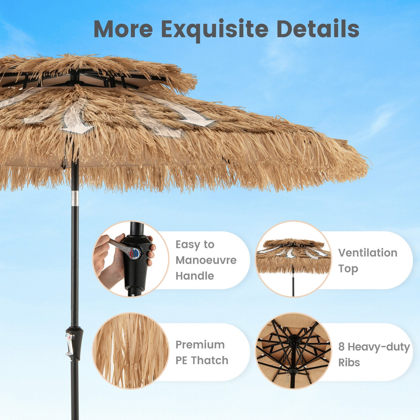 250cm Hawaiian Style Umbrella Thatched Tiki Umbrella with 8 Ribs