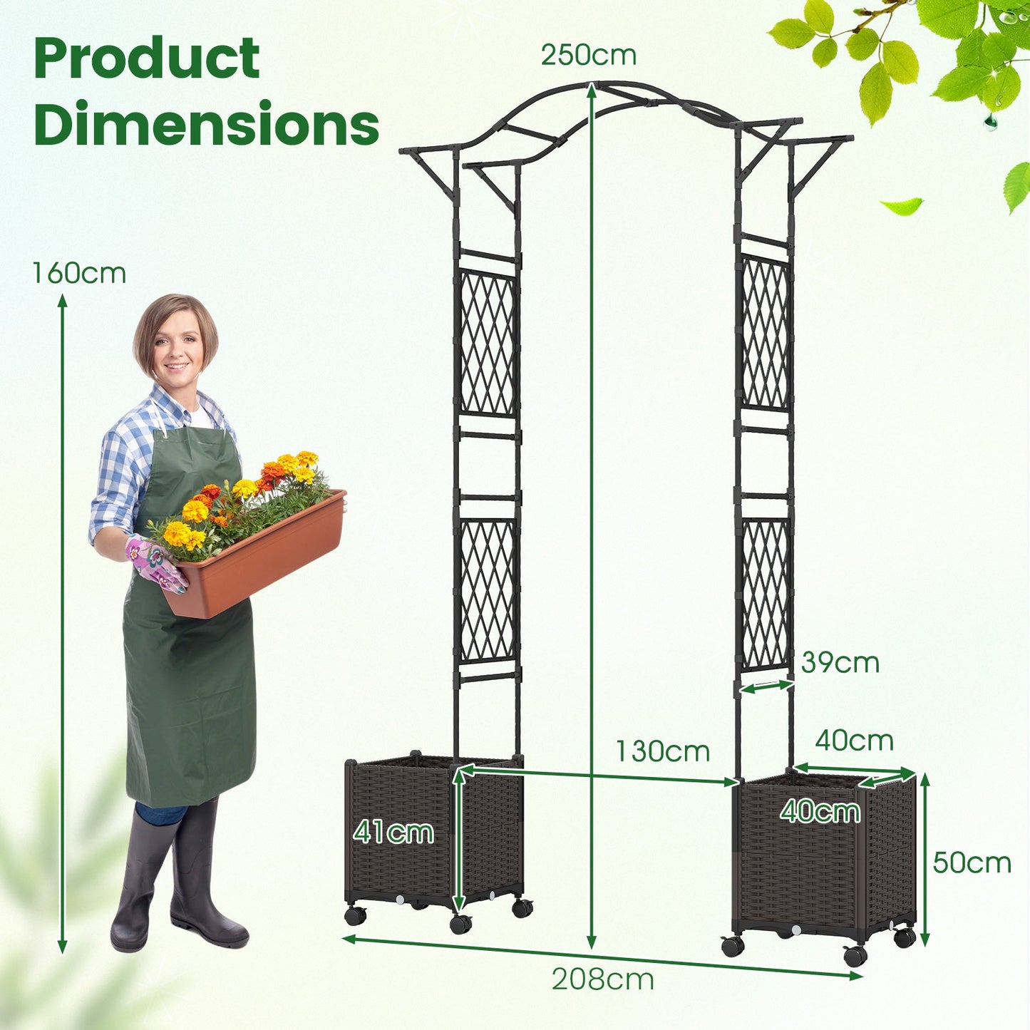 207 x 250 cm Garden Arch Trellis with 2 Self-Watering Planter Boxes-Black