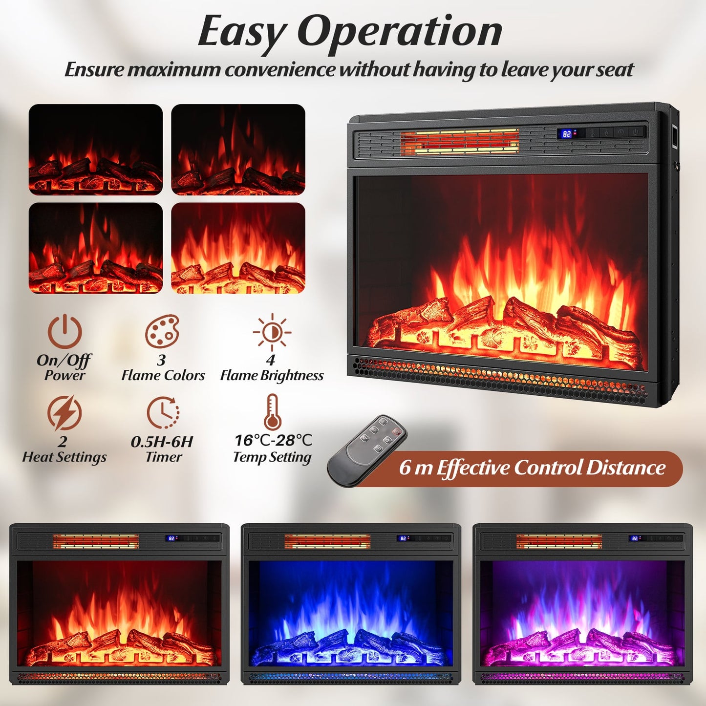 25 Inch Electric Fireplace Insert Recessed Infrared Fireplace Heater 900W/1800W
