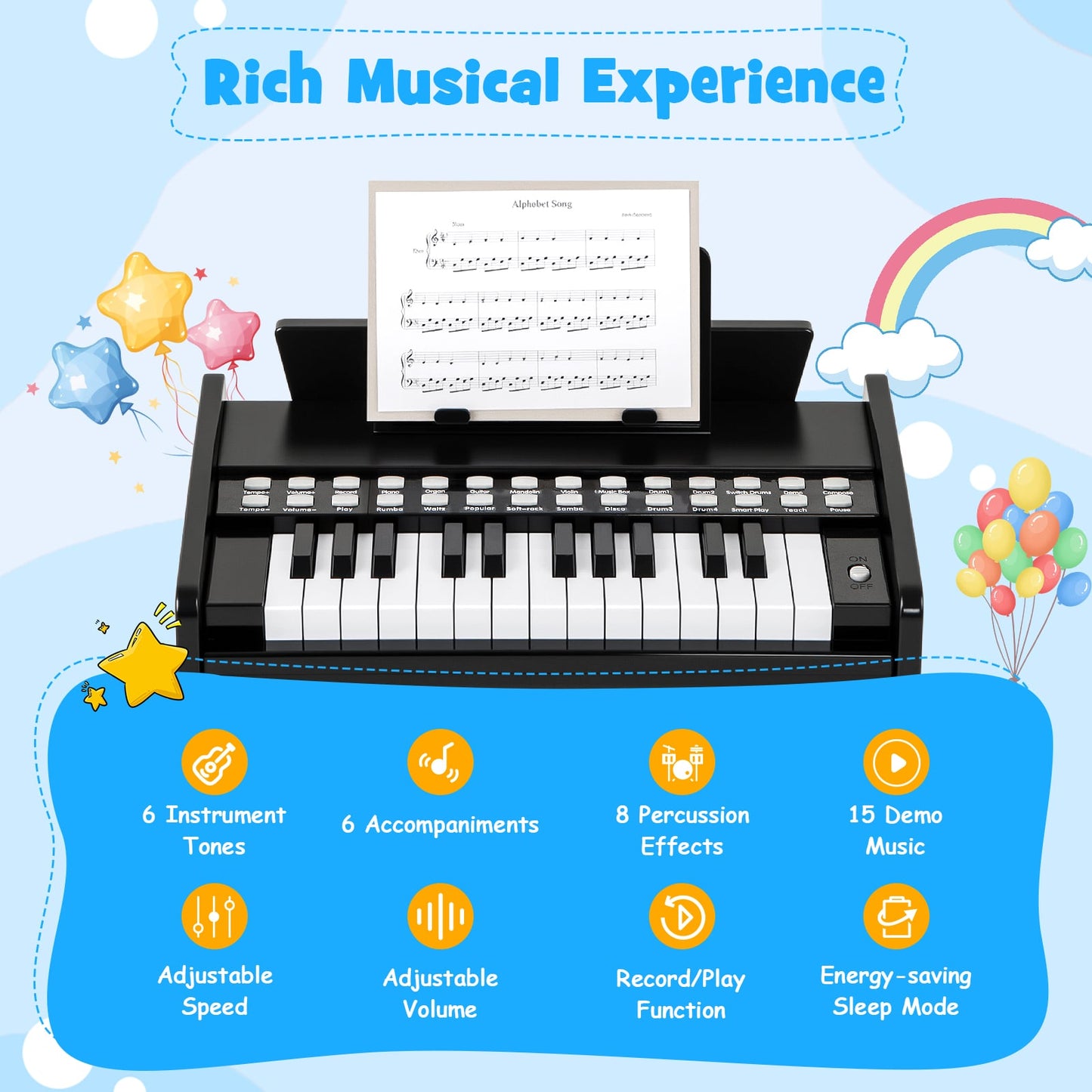 25 Lighted Keys Kids Piano Keyboard Mini Digital Piano Wooden Toy-Black