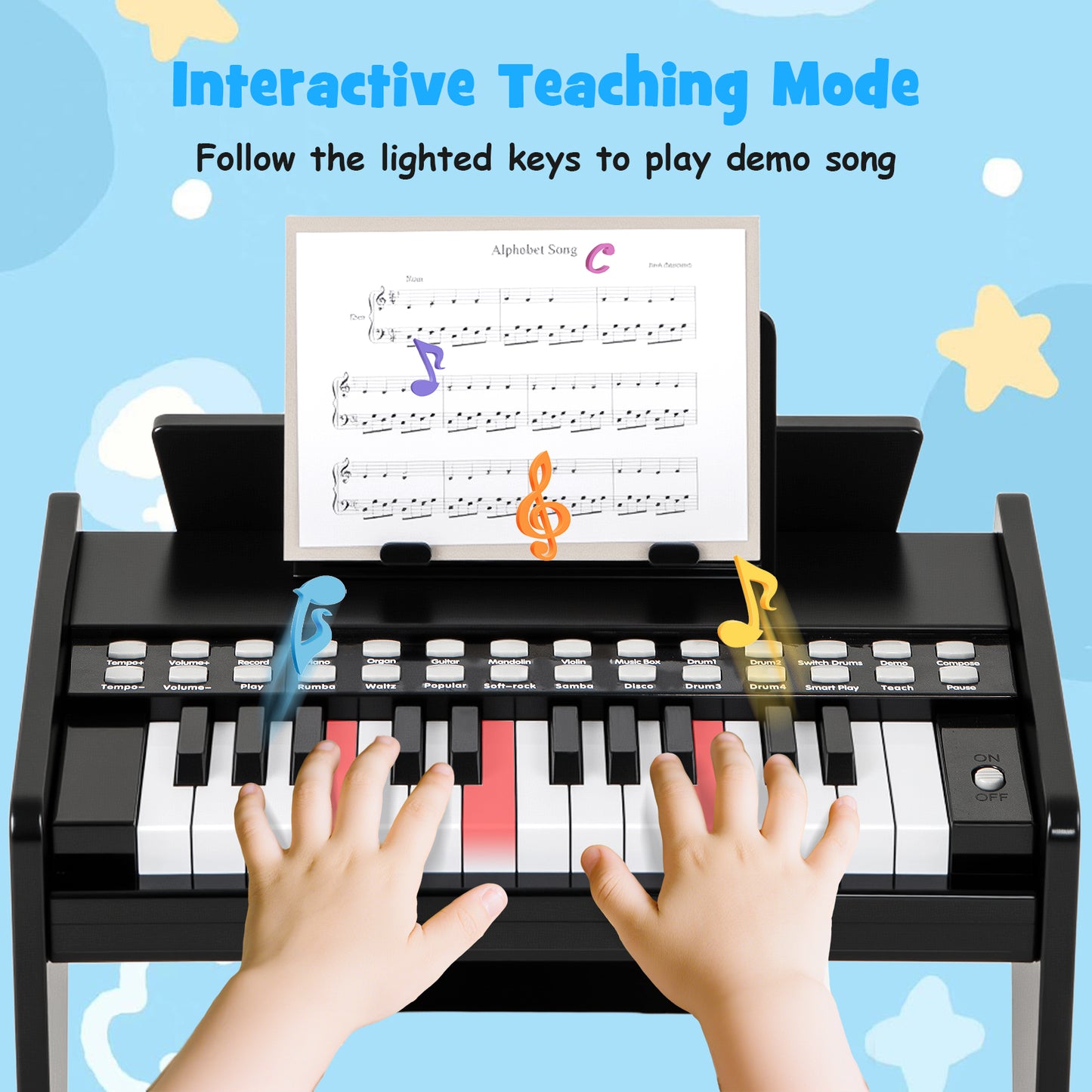 25 Lighted Keys Kids Piano Keyboard Mini Digital Piano Wooden Toy-Black