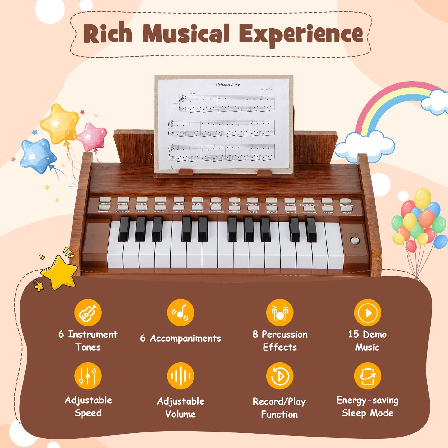 25 Lighted Keys Kids Piano Keyboard Mini Digital Piano Wooden Toy-Brown