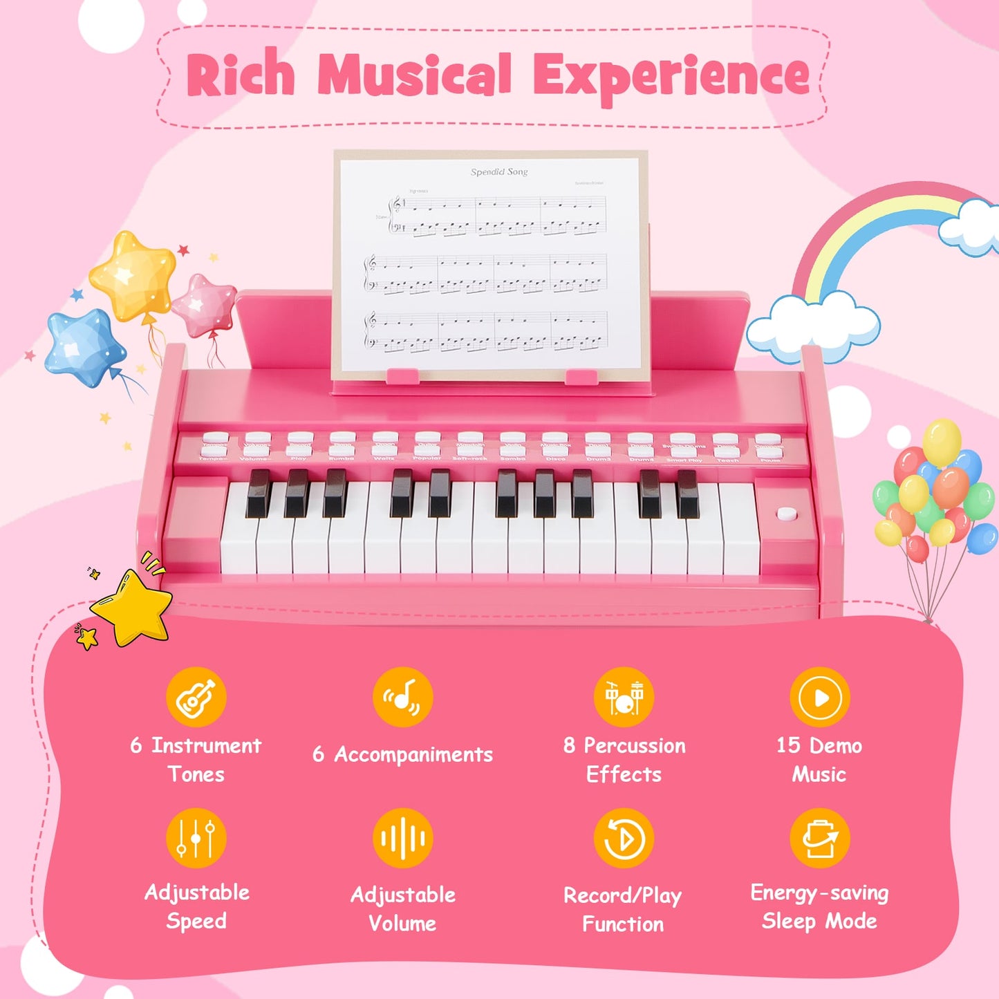 25 Lighted Keys Kids Piano Keyboard Mini Digital Piano Wooden Toy-Pink