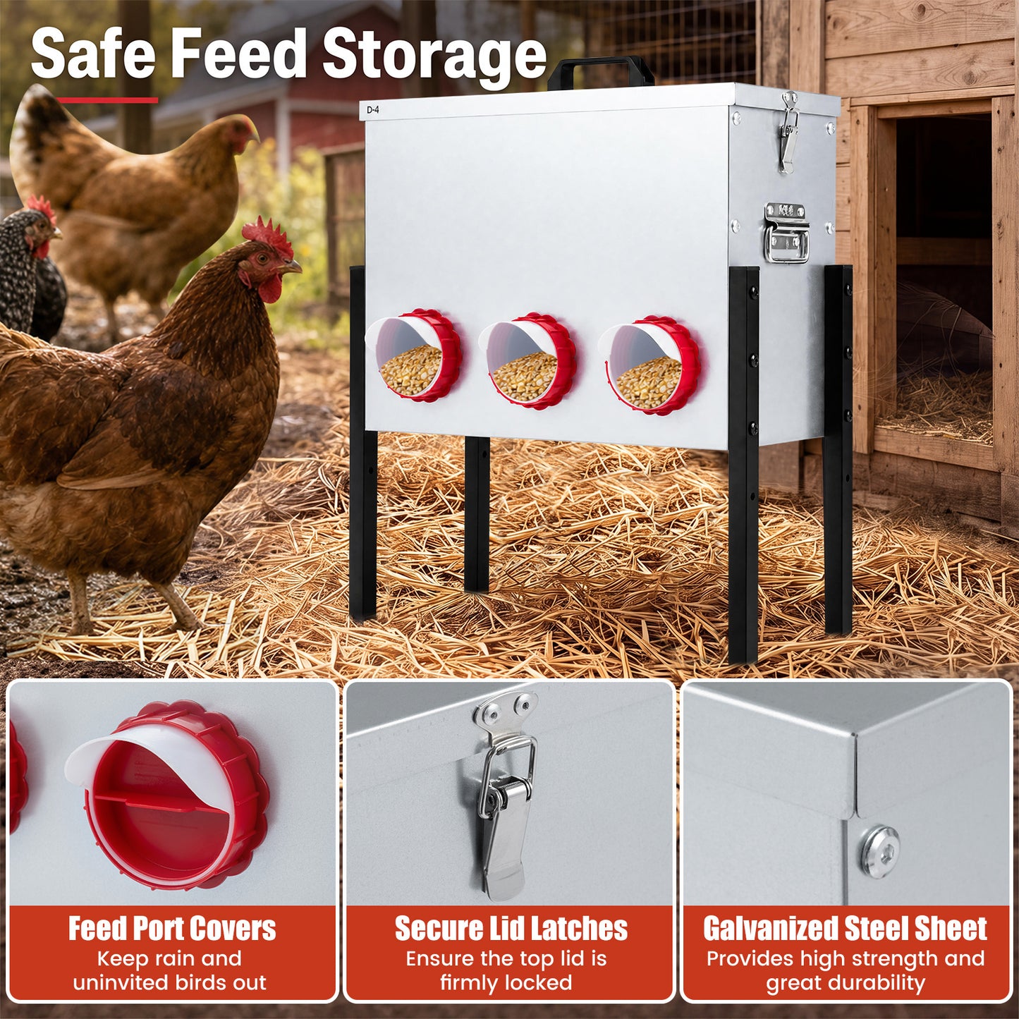 26L Automatic Chicken Feeder with 8 Openings and Adjustable Height Lockable Lid-Silver