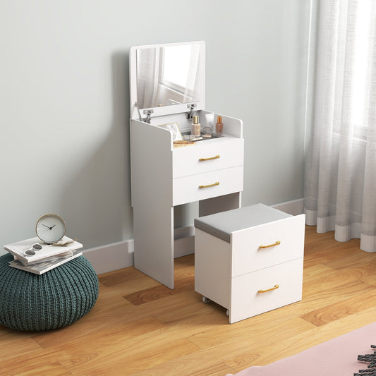 HOMCOM 3 in 1 Dressing Table with Flip-top Mirror and Rolling Stool, Modern Vanity Desk with Visible Glass Tabletop, Drawers and Side Hook, Makeup Table with Cushioned Storage Stool for Bedroom, White