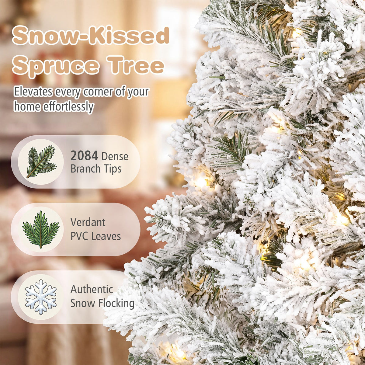 274cm Artificial Snow-Flocked Christmas Tree with Branch Tips and Warm White LED Lights