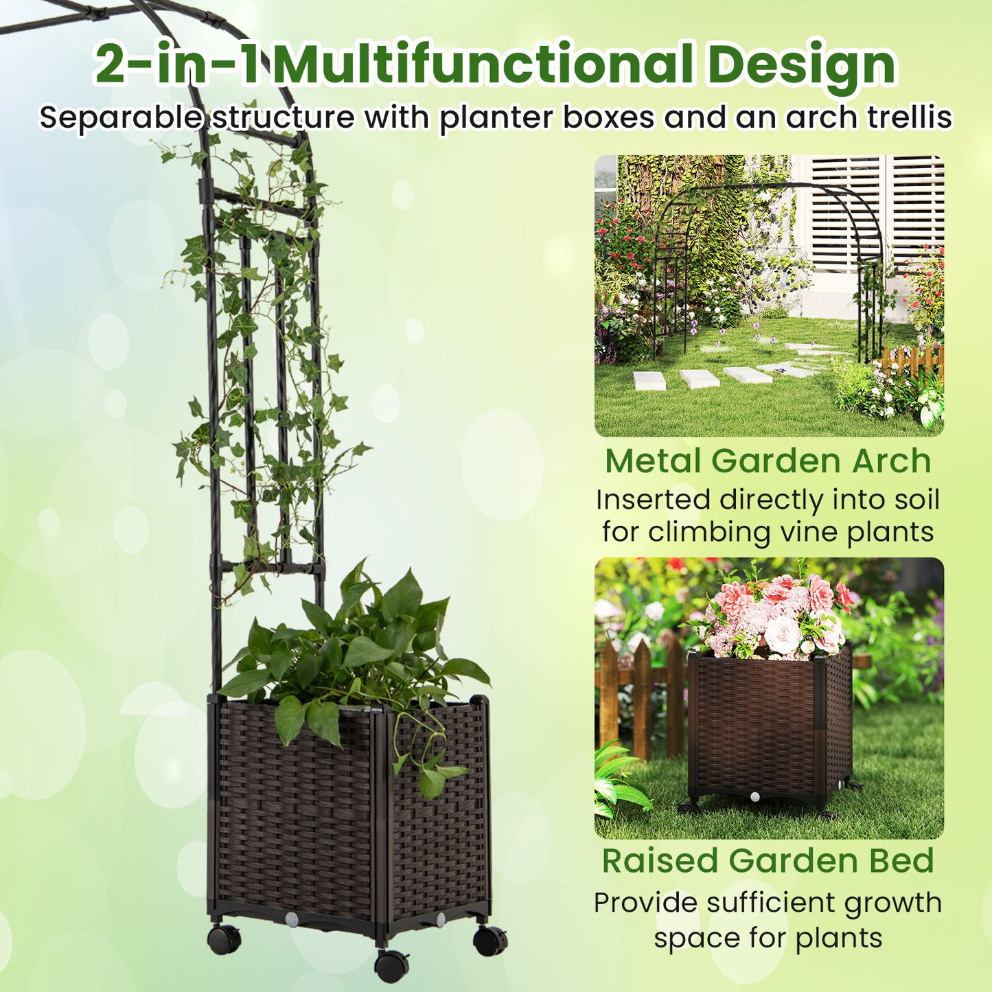 288 cm Garden Arch Trellis with 2 Planter Boxes for Wedding-Black