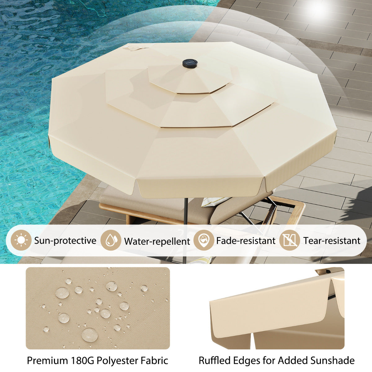 295 cm Solar Patio Umbrella with 32 LED Lights and 3-Tier Vented Top-Beige