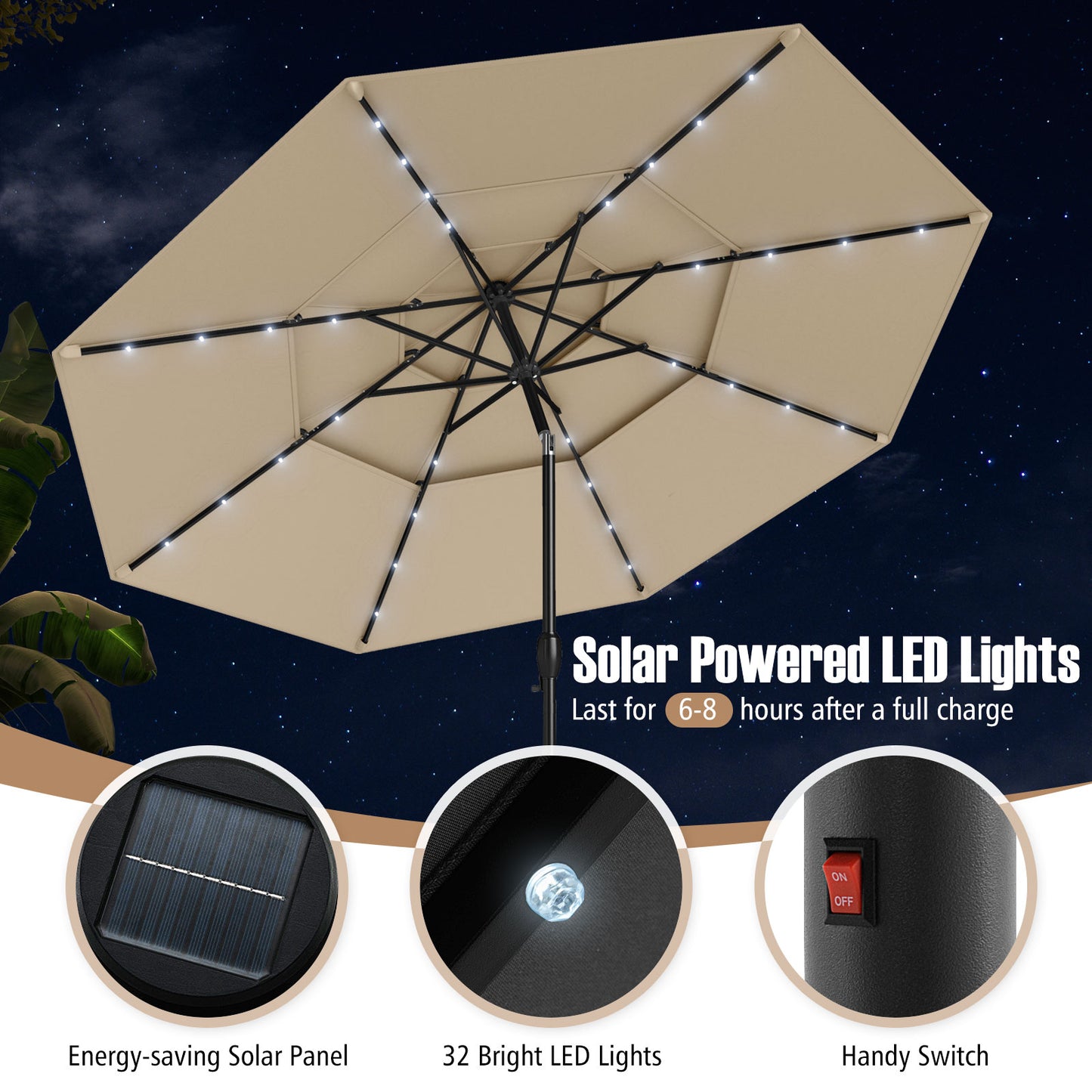 297 cm Solar Patio Umbrella with 32 LED Lights and 3-Tier Vented Top-Beige