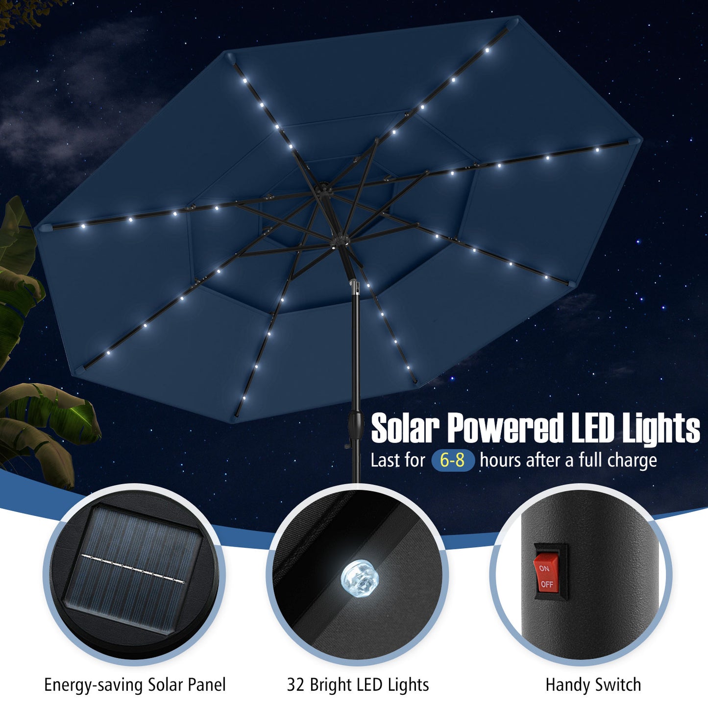 297 cm Solar Patio Umbrella with 32 LED Lights and 3-Tier Vented Top-Navy