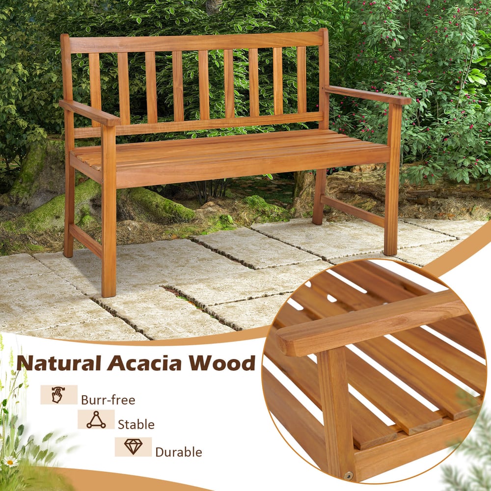 2-Person Patio Wooden Bench with Backrest and Armrests for Garden