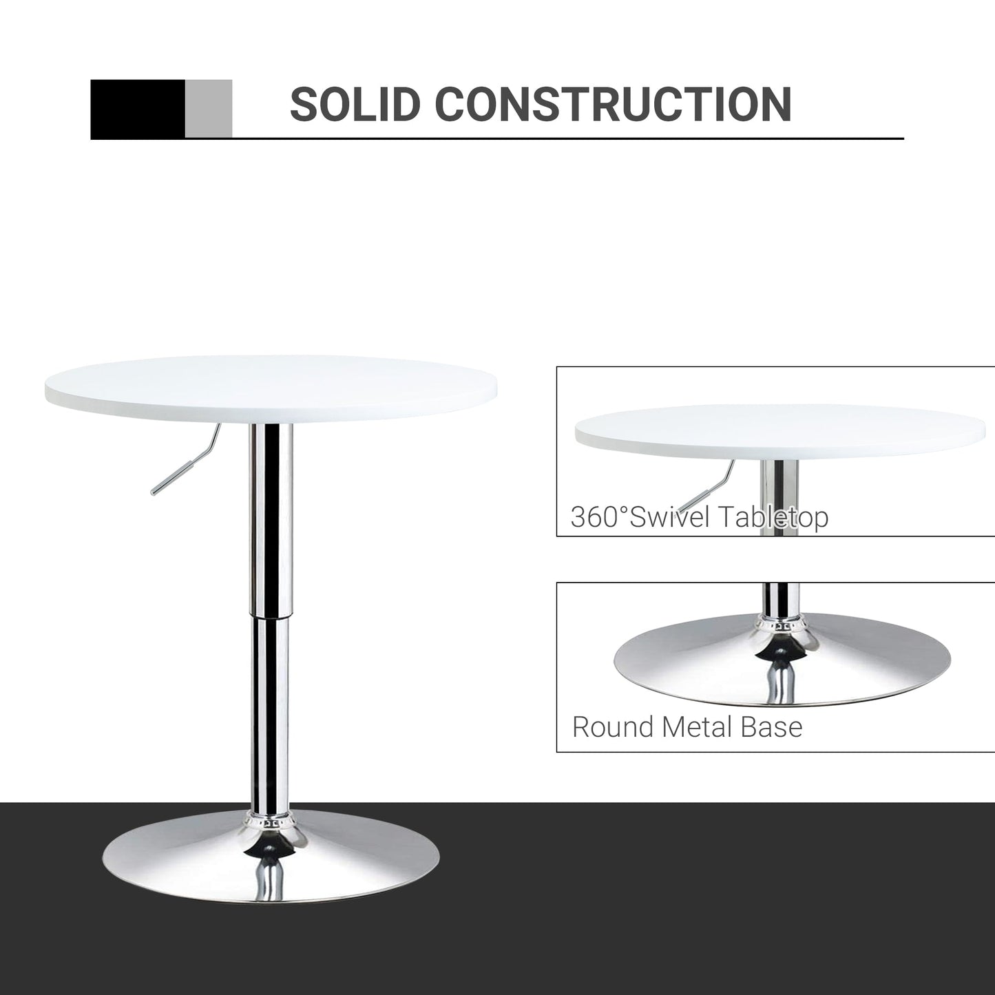 HOMCOM Bar Table â60cm Adjustable Height Round Bistro Table w/ Swivel Top Metal Frame Counter Surface Stylish Kitchen Conservatory White