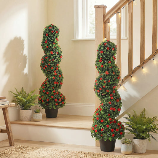 HOMCOM Decorative Artificial Plants Set of 2, UV Resistant Fake Plants in Pot for Indoor Outdoor Decor, 90cm, Red