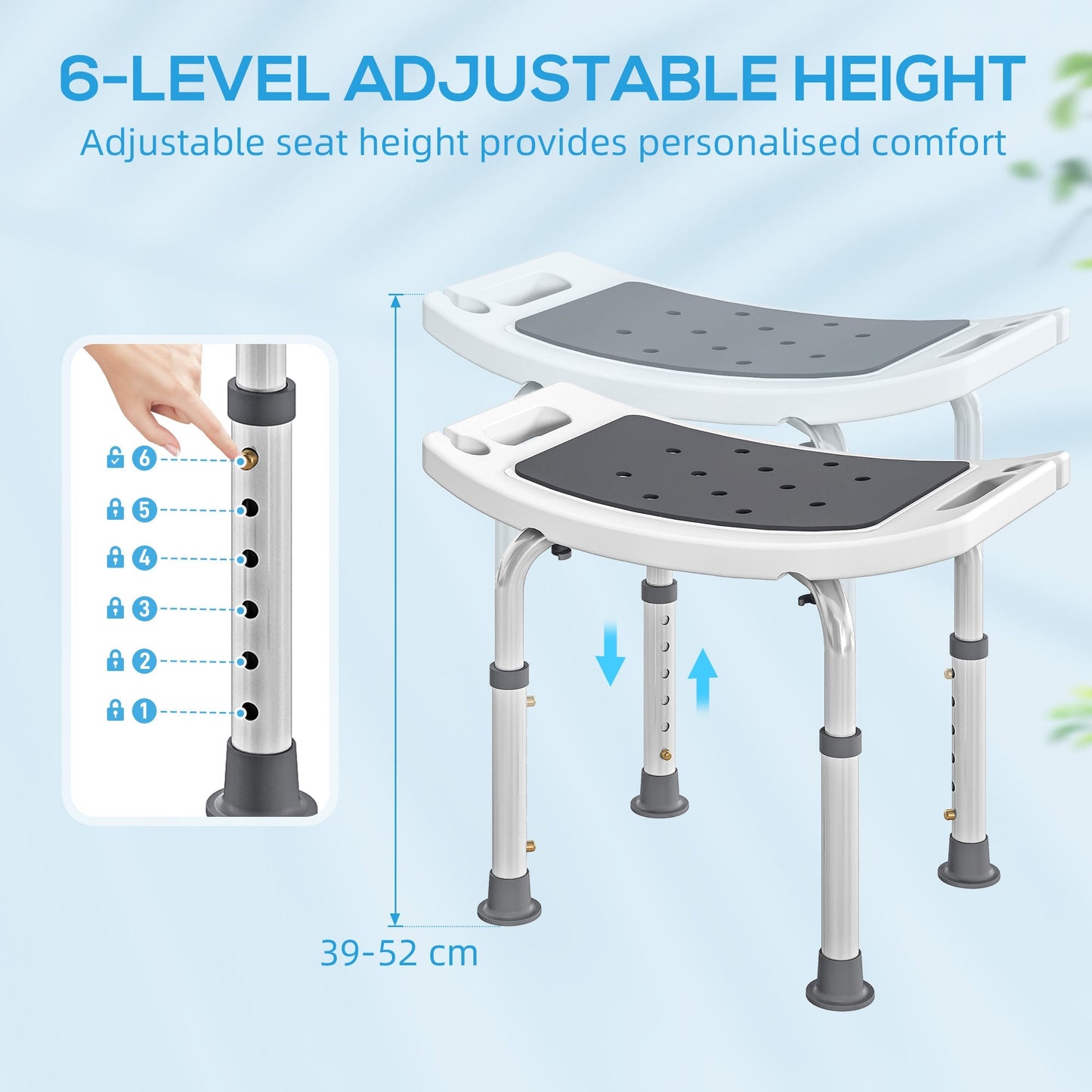 HOMCOM 6-Level Height Adjustable Aluminium Bath Room Stool Chair Shower Non-Slip Design w/ Padded Seat Drainage Holes Foot Pad, Grey